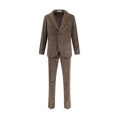 Tagliatore Brown Cotton Two-Piece Suit with notched lapels, front pockets, and straight-leg trousers, showcasing modern retro style.