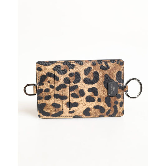 Dolce & Gabbana Leopard Print Leather Embossed Lanyard Card Holder Wallet featuring bold leopard design on calf leather.