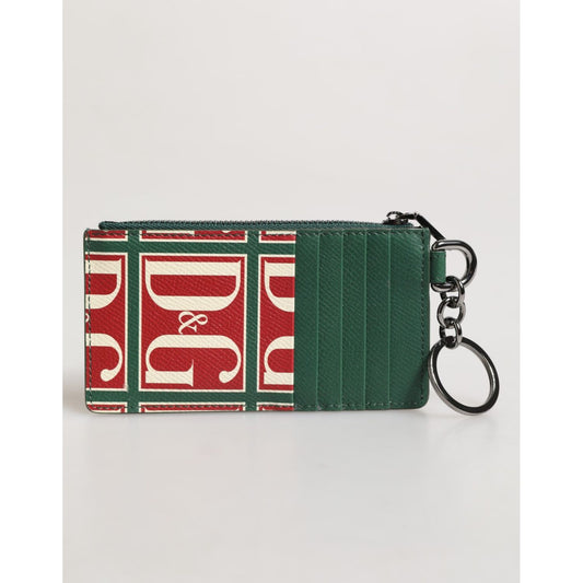 Dolce & Gabbana Green Calf Leather Logo Print Monogram Card Holder Wallet with side zip, card slots, and ring fastening.