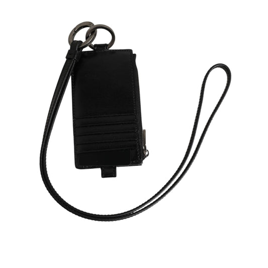 Dolce & Gabbana Black Leather Logo Embossed Lanyard Card Holder Wallet with zip fastening and card slots