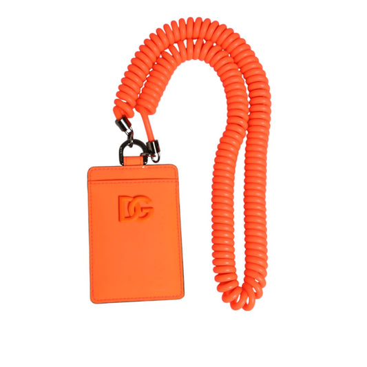 Dolce & Gabbana Orange Leather Logo Embossed Lanyard Card Holder Wallet with embossed logo and lanyard, made in Italy.
