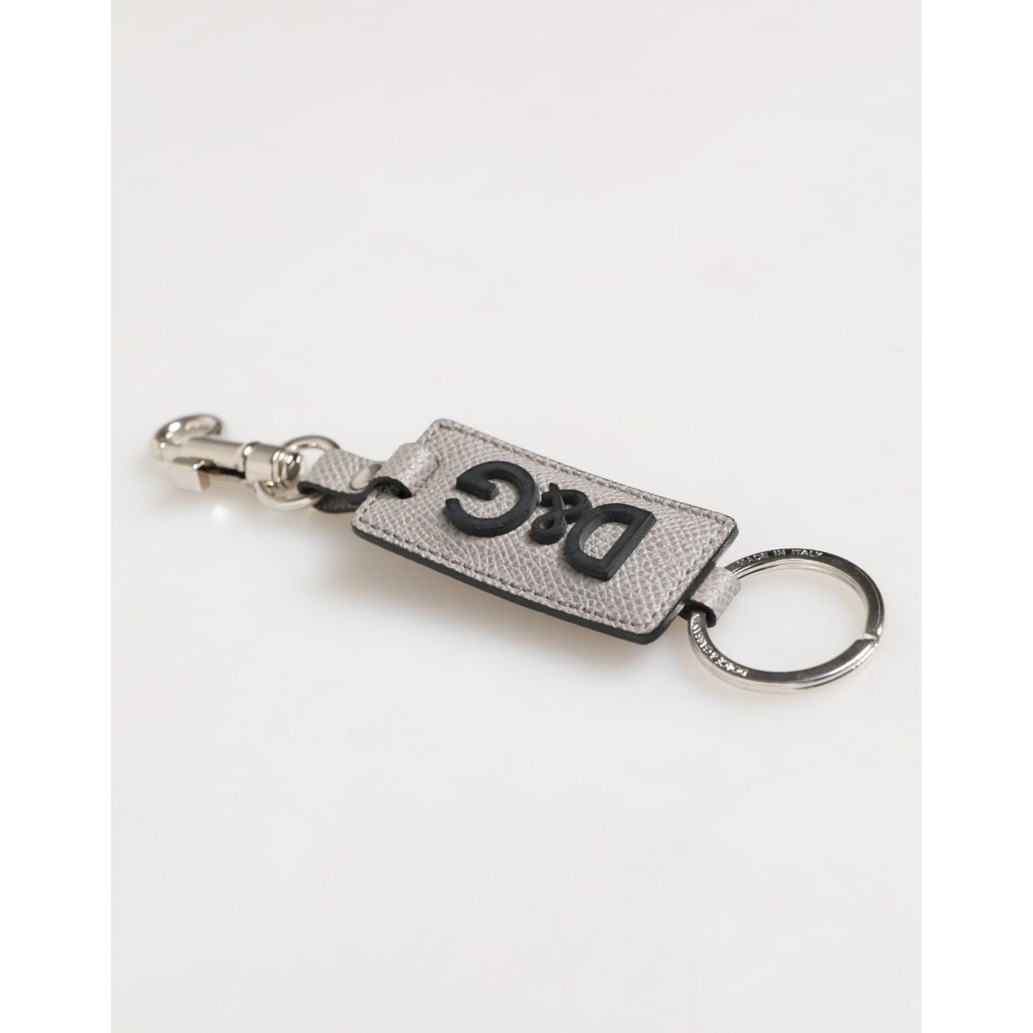 Dolce & Gabbana Gray Leather Logo Metal Ring Keychain Holder Men Keyring with embossed logo and silver hardware.