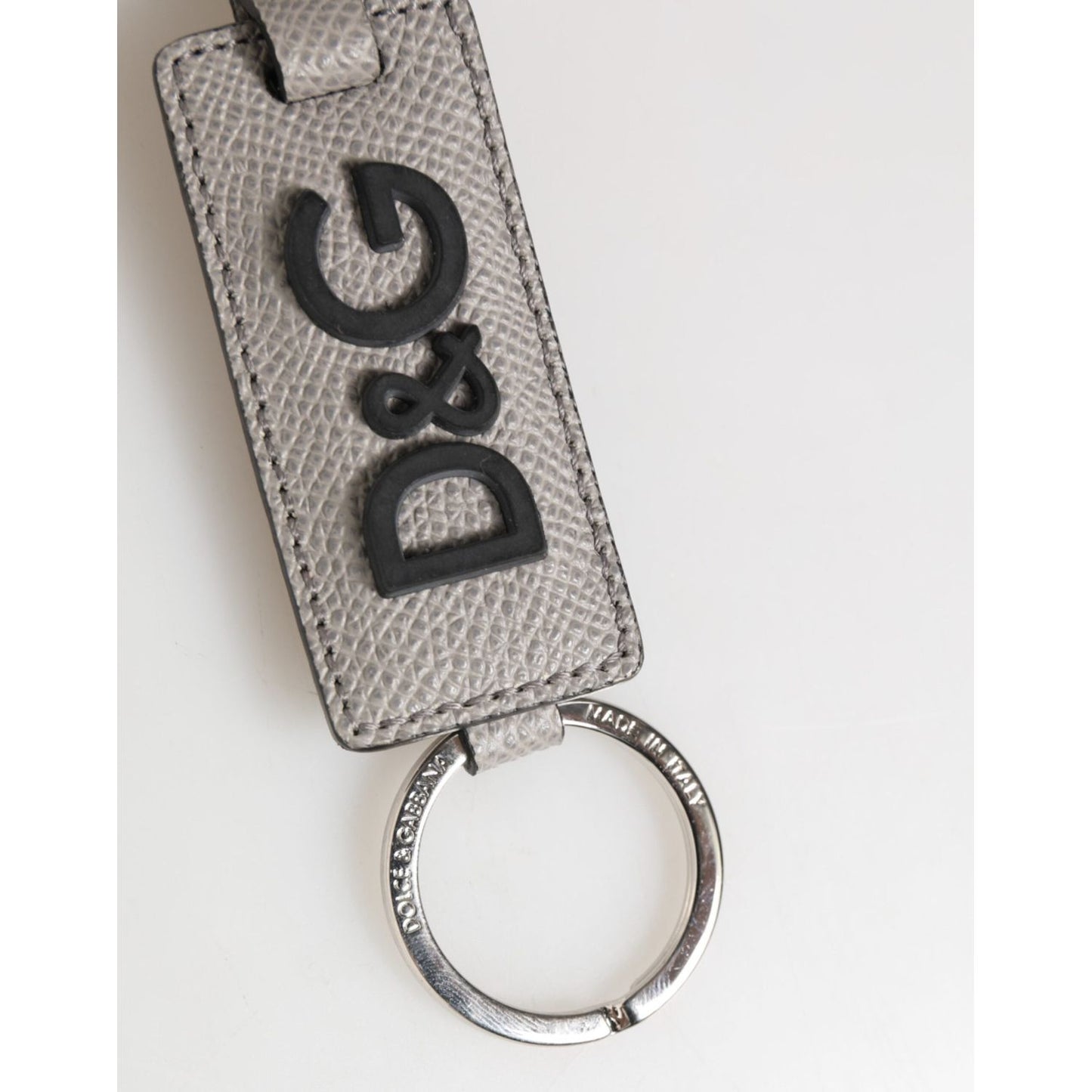Dolce & Gabbana Gray Leather Logo Metal Ring Keychain Holder Men Keyring with embossed D&G logo and silver ring