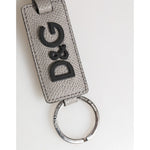 Dolce & Gabbana Gray Leather Logo Metal Ring Keychain Holder Men Keyring with embossed D&G logo and silver ring
