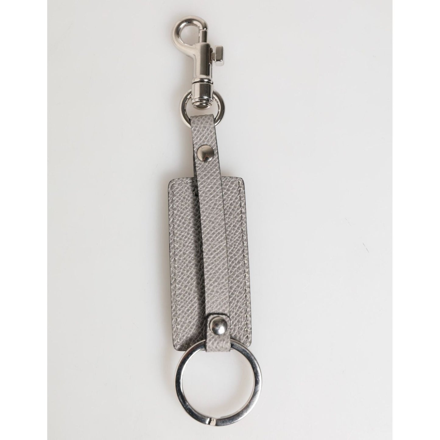 Dolce & Gabbana Gray Leather Logo Metal Ring Keychain Holder Men Keyring with embossed logo and silver hardware.