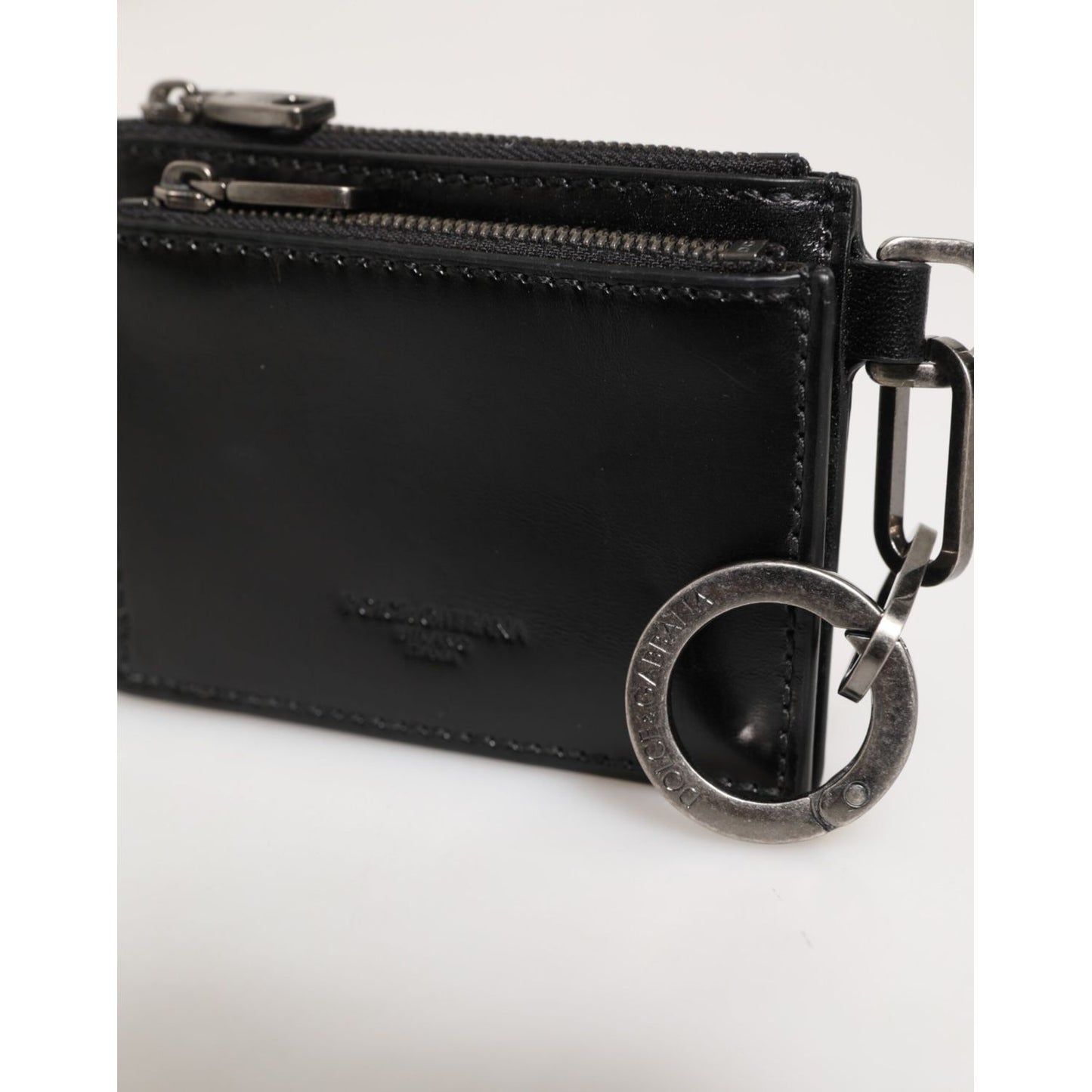 Dolce & Gabbana Black Leather Zipped Card Holder Coin Purse Keyring Wallet with silver keyring and dual zip compartments.