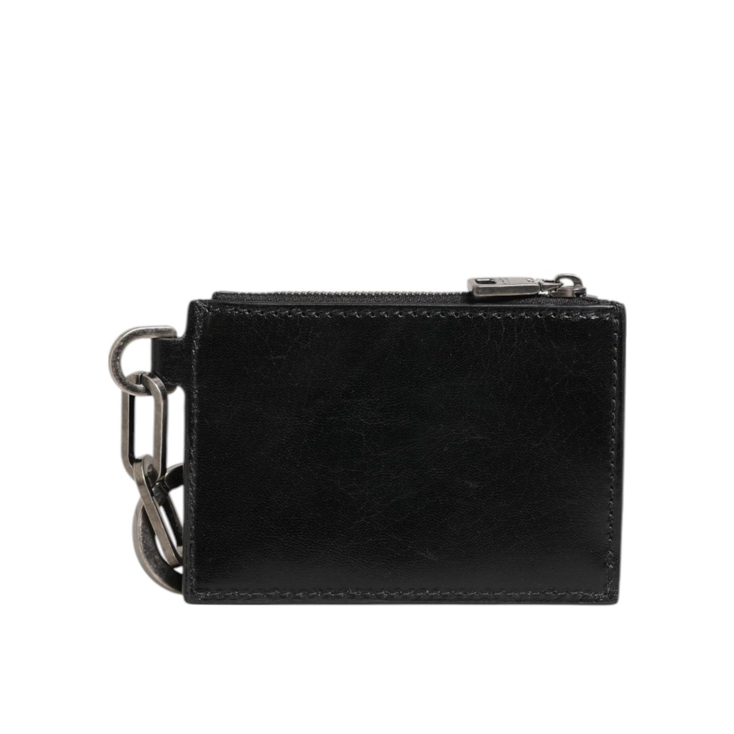 Dolce & Gabbana Black Leather Zipped Card Holder Coin Purse Keyring Wallet with metal keyring and dual zip compartments.