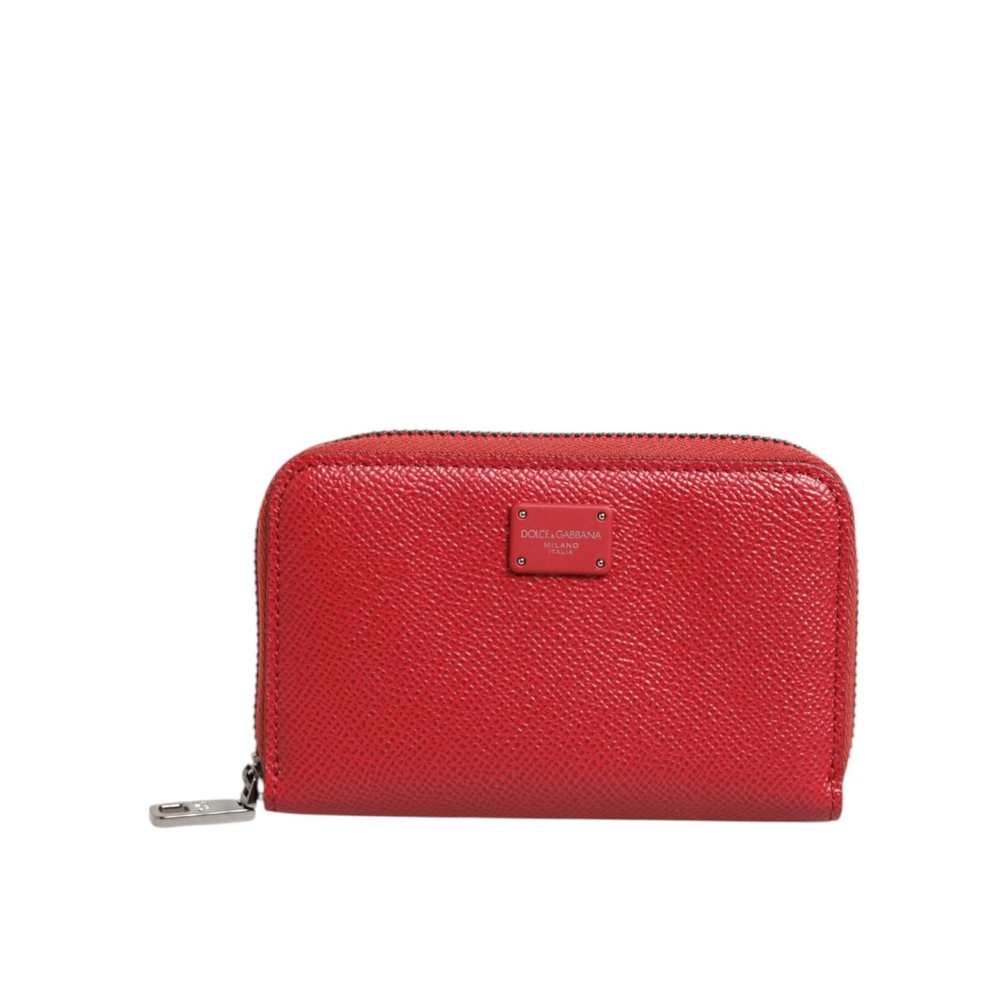 Dolce & Gabbana Red Leather Zip Around Logo Plaque Men Coin Purse Wallet, Italian saffiano leather, silver-tone logo plaque