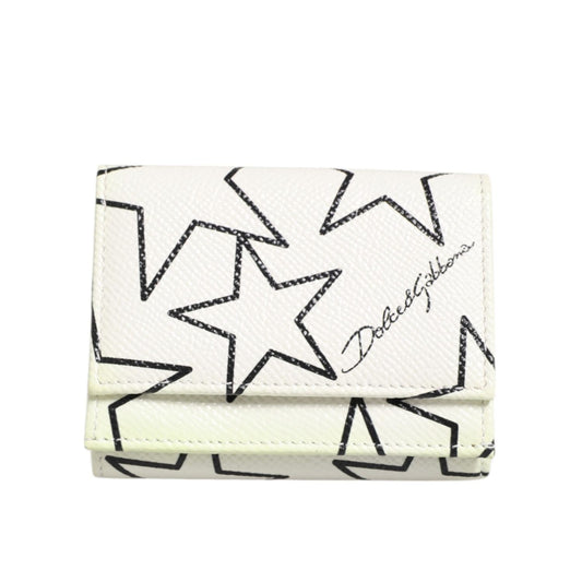 Dolce & Gabbana White Leather Black Star Print Trifold Card Holder Wallet