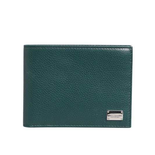 Dolce & Gabbana Green Leather DG Logo Plaque Bifold Men Card Holder Wallet in premium pebbled leather with logo plaque