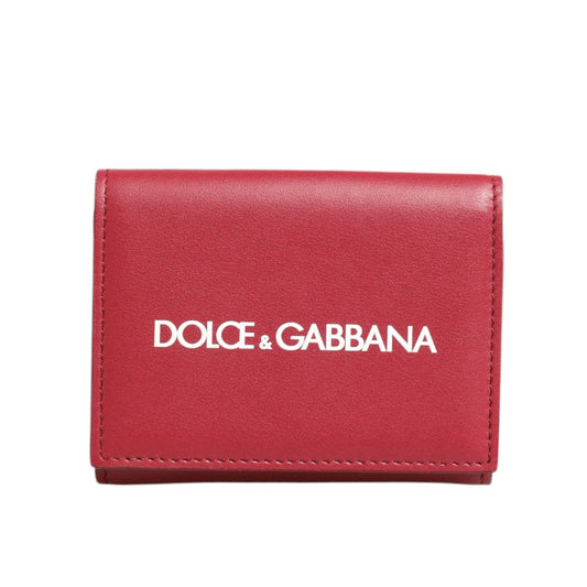 Dolce & Gabbana Red Leather Bold Logo Print Trifold Men Card Holder Wallet featuring sleek red leather and white logo design.