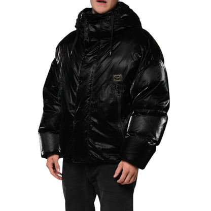 Dolce & Gabbana Black Logo Full Zip Hooded Quilted Jacket