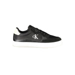 Calvin Klein Black Leather Men Sneaker with logo and contrasting white sole, designed for comfort and style.