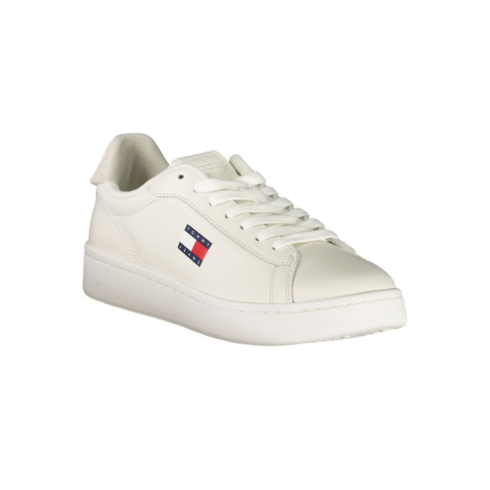 Tommy Hilfiger White Leather Women Sneaker with iconic logo on side and stylish design for casual luxury and comfort.