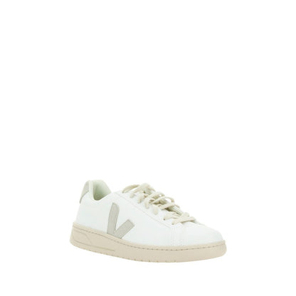 Veja White Rubber Low Top Sneakers with round toe, lace-up closure, logo patch, calfskin upper, rubber sole, and contrasting heel patch.