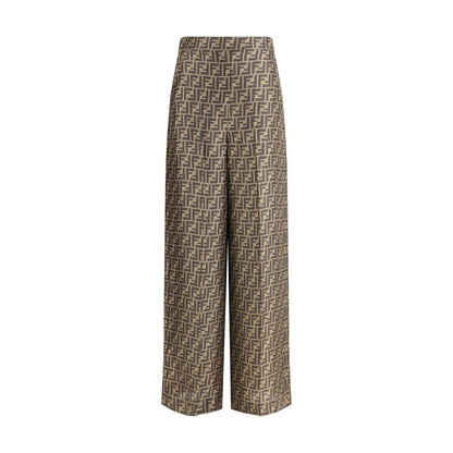 Fendi Brown Silk Casual Pants with FF monogram pattern, high waist palazzo cut, button and zipper closure, elegant design.