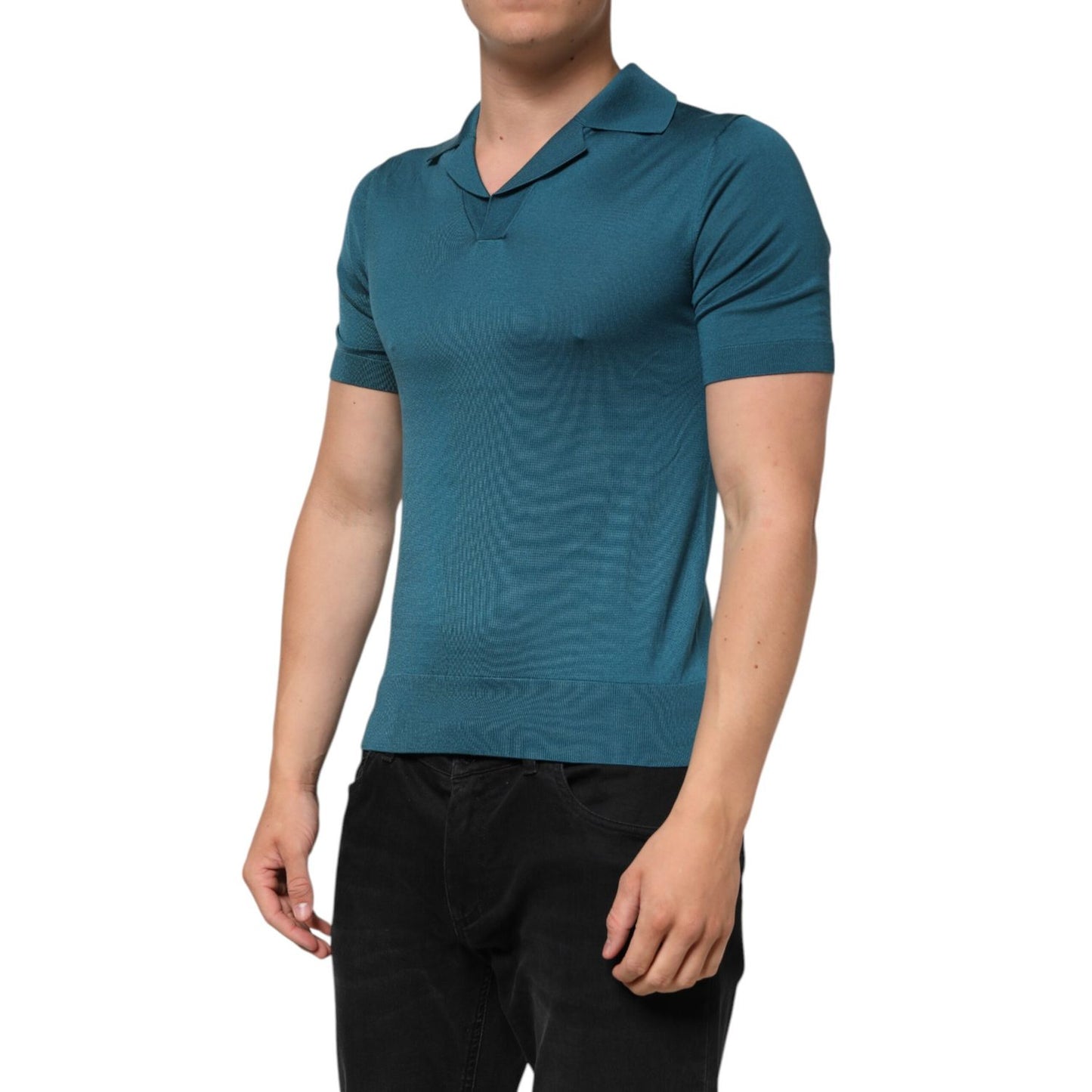 Dolce & Gabbana Teal Blue Silk Collar Short Sleeve Polo T-shirt