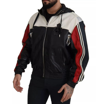 Dolce & Gabbana Black Leather Hooded Blouson Jacket