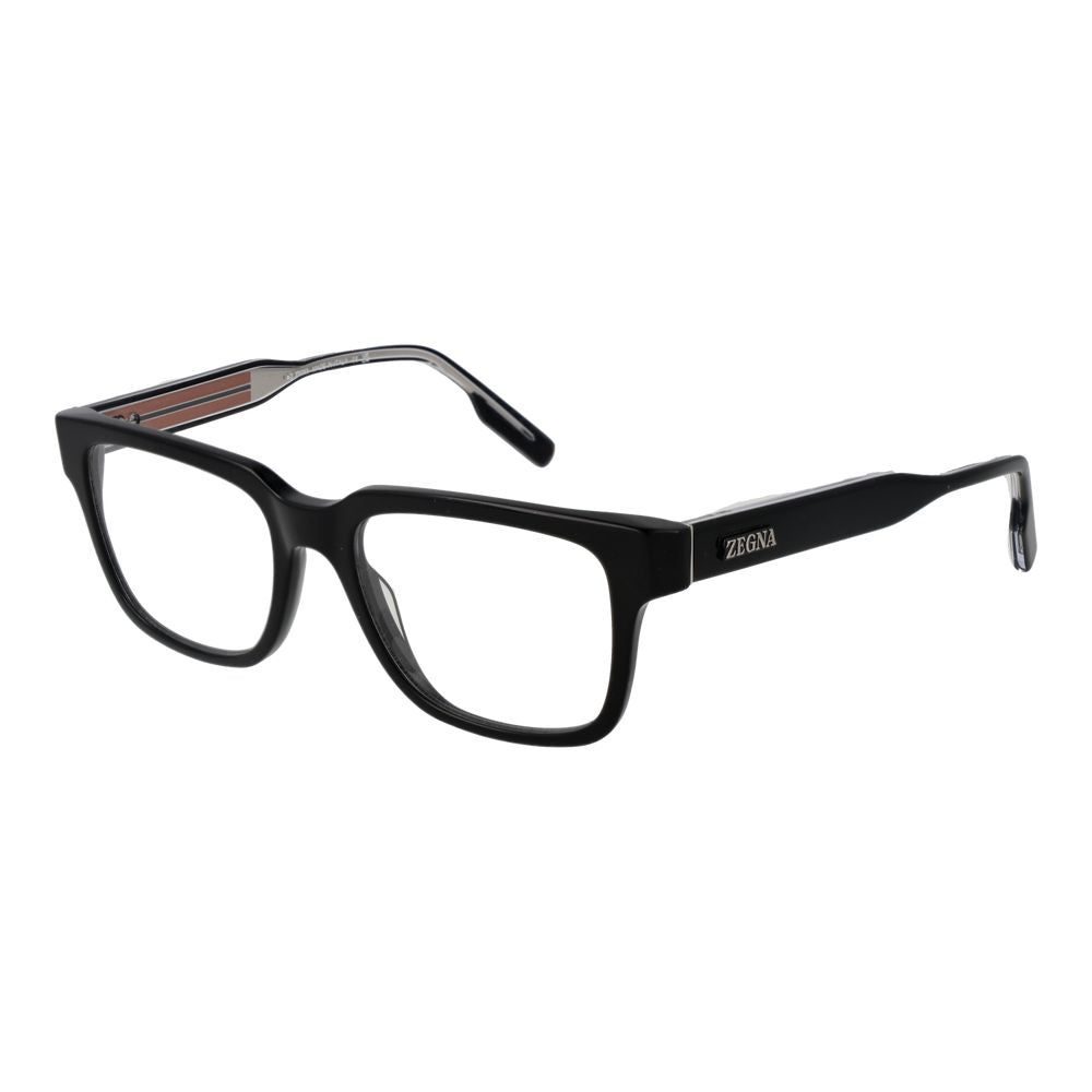 Ermenegildo Zegna Black Men Glasses Frame, full-rim rectangle acetate with demo lenses, 52-18-145, branded case included.