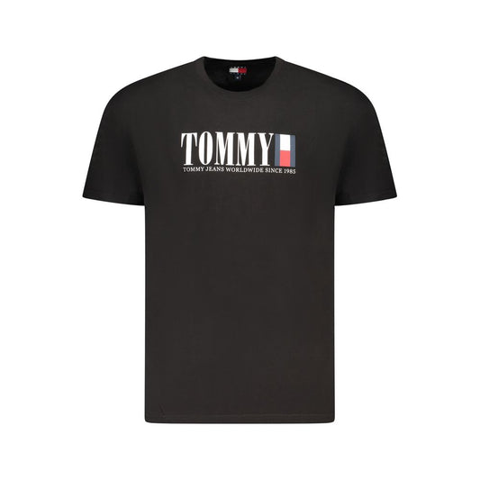 Tommy Hilfiger Black Cotton Men T-Shirt featuring iconic logo on front, perfect for casual elegance and trendsetting fashion.
