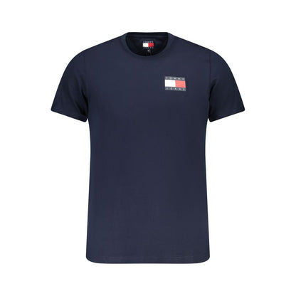 Tommy Hilfiger Blue Cotton Men T-Shirt with logo and eye-catching print, crafted from 95% regenerative cotton for bold style and sustainability.