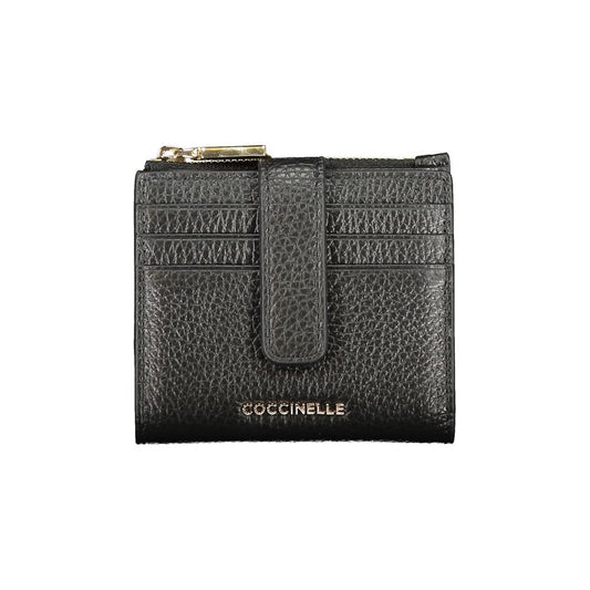 Coccinelle Black Leather Women Wallet with metallic logo and card slots, showcasing elegant Italian design and functionality.
