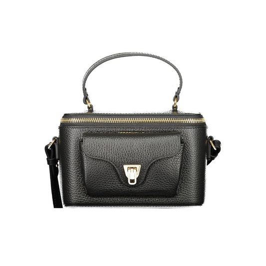 Coccinelle Black Leather Women Handbag with practical external pocket and secure closure, showcasing Italian luxury and style.