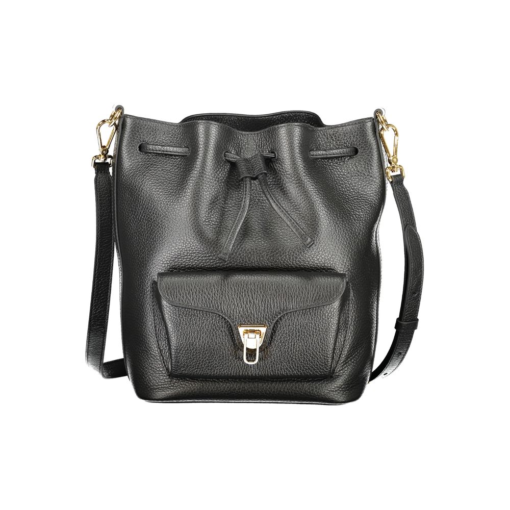 Coccinelle Black Leather Women Handbag featuring adjustable strap and twist closure front pocket for versatile style.