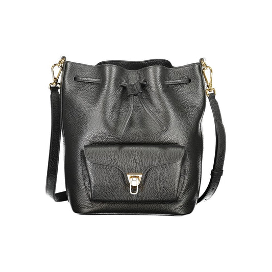 Coccinelle Black Leather Women Handbag featuring adjustable strap and twist closure front pocket for versatile style.