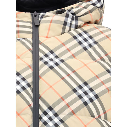 Close up of Burberry Beige Polyester Full-Length Jacket showcasing iconic Burberry Check pattern and zipper details.