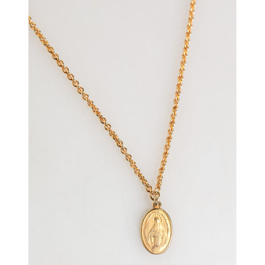 Dolce & Gabbana Gold Medallion Metal Chain Charm Men Pendant Necklace in gold tone brass with lobster lock and logo details.