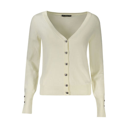 Alt Tag: Guess Jeans White Viscose Women Sweater with rhinestone appliques, V-neck, button-down front, chic and luxurious design