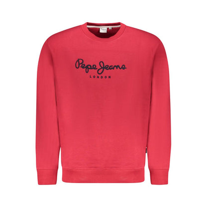 Pepe Jeans Red Cotton Men Sweater with logo print, sustainable cotton mix, bold red color showcasing contemporary style.