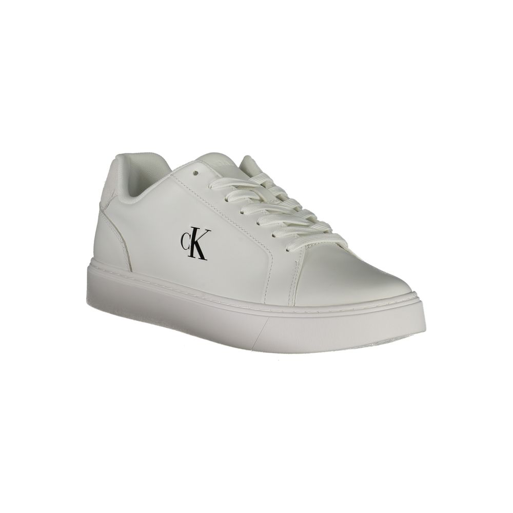Calvin Klein White Leather Men Sneaker with bold logo print and contrasting white details for style and comfort.