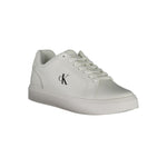 Calvin Klein White Leather Men Sneaker with bold logo print and contrasting white details for style and comfort.