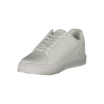 Calvin Klein White Leather Men Sneaker with bold logo print and removable footbed, offering comfort and style.