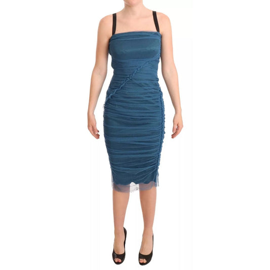 Dolce & Gabbana Blue Mesh Trim Ruched Tulle Sheath Dress DR28179-38
