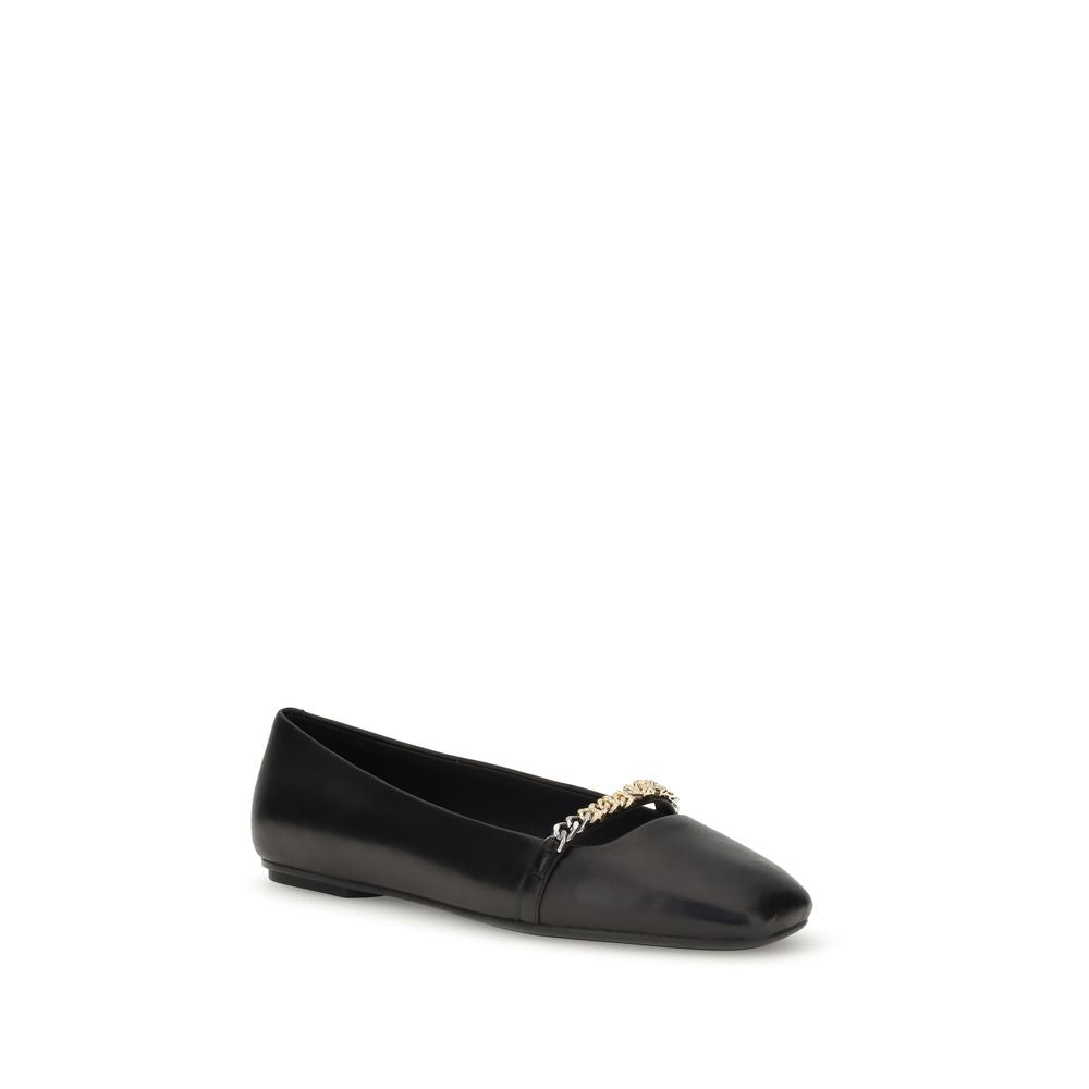 PINKO Black Calf Leather Bos Taurus Ballet Flats with elegant metal loop detail on round toe, AW25 collection.