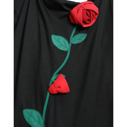 Dolce & Gabbana Black Wool Sleeveless Rose Applique Dress