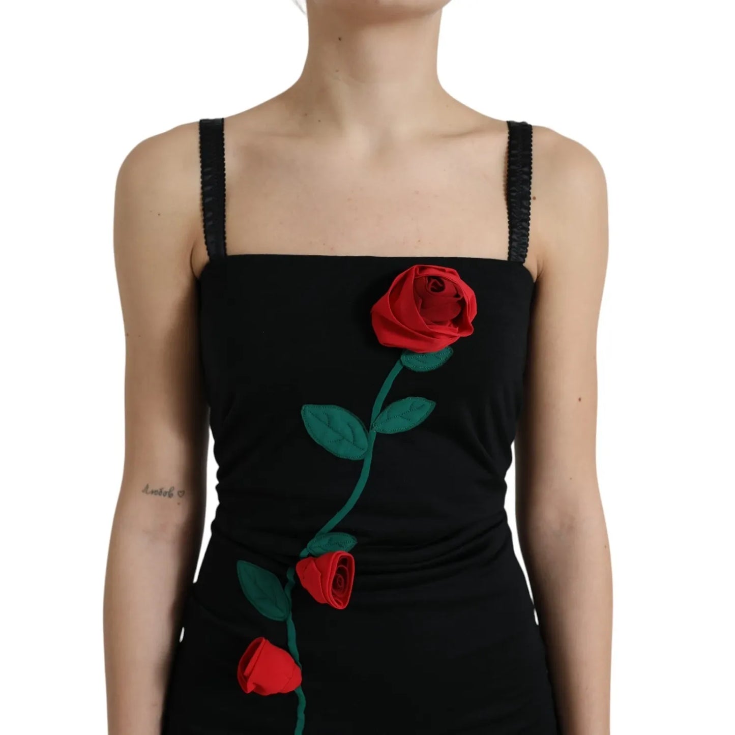 Dolce & Gabbana Black Wool Sleeveless Rose Applique Dress