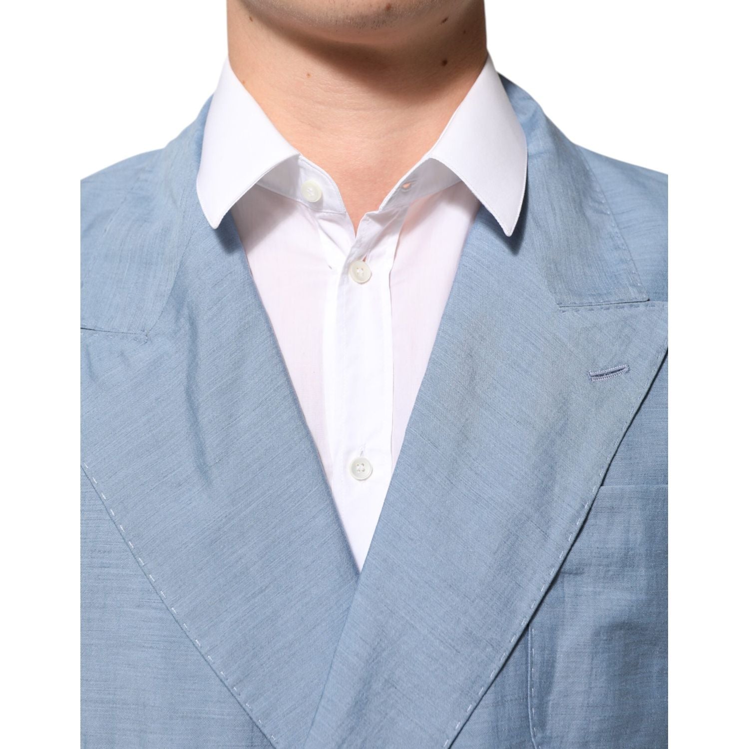 Dolce & Gabbana Light Blue Linen Double Breasted Men Jacket Blazer