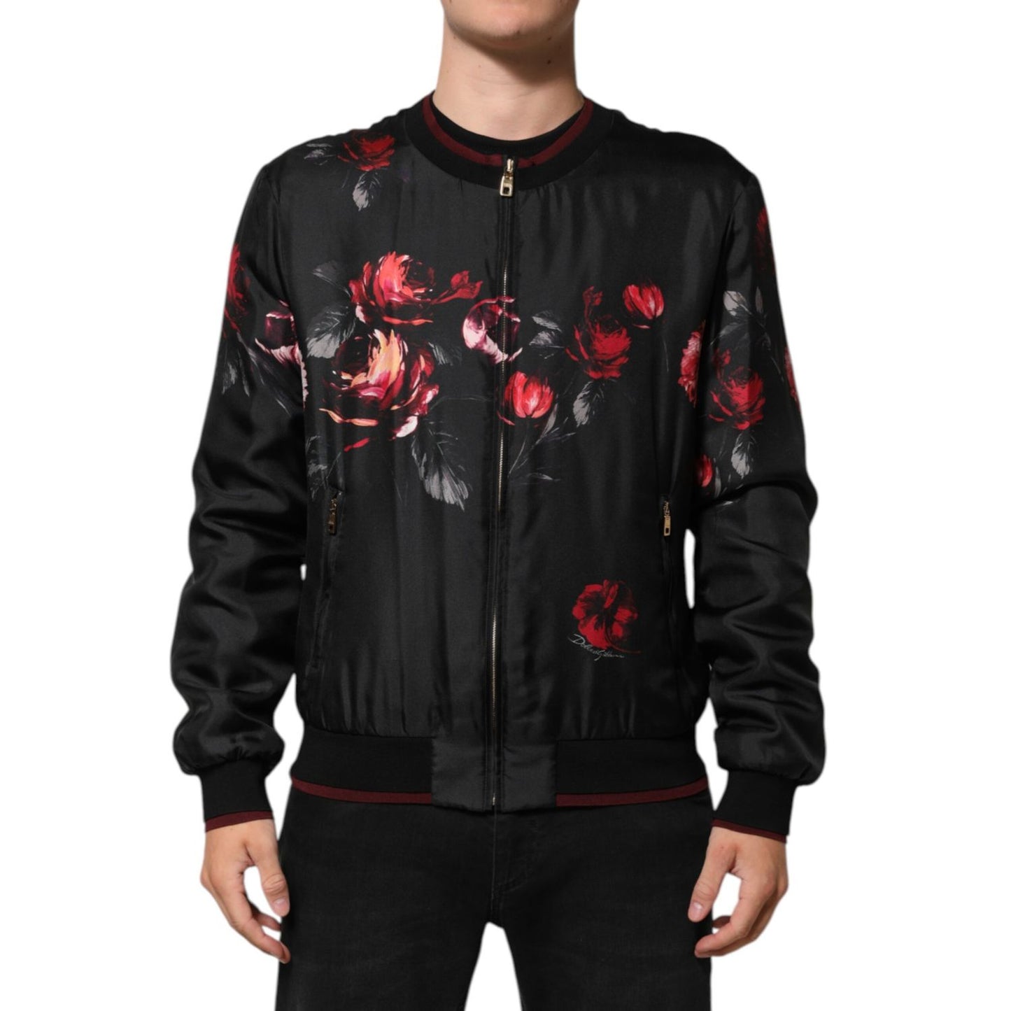 Dolce & Gabbana Black Red Floral Silk Bomber Blouson Jacket with ribbed collar and cuffs, luxurious silk material with modern design.