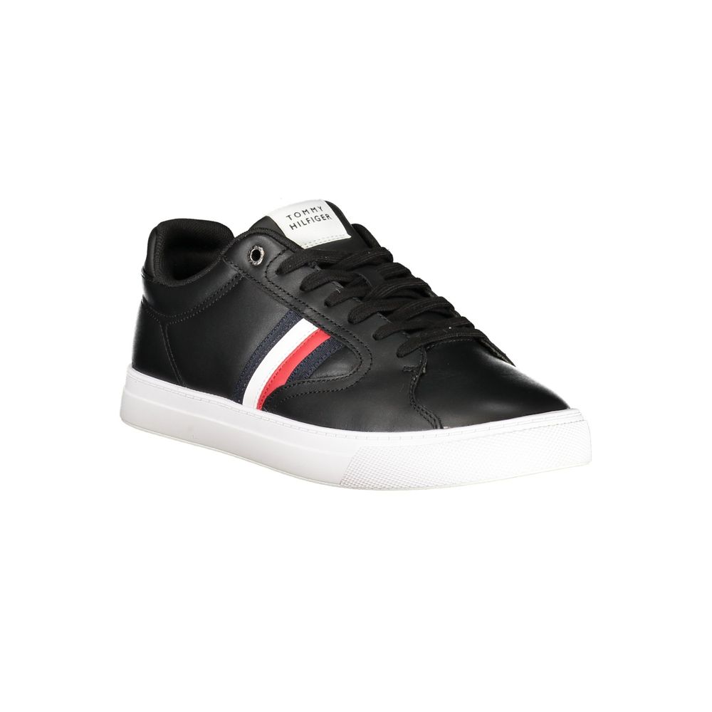 Alt Tag: Tommy Hilfiger Black Leather Men Sneaker with logo and white sole, showcasing style and comfort for personalized casual wear.