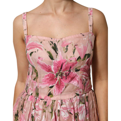 Dolce & Gabbana Pink Cotton Floral Pleated Sleeveless Dress