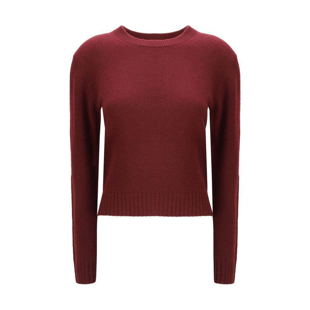Allude Cashmere Sweater with ribbed crew neck, cuffs, and hem, shown in red. Perfect timeless classic for winter wardrobe.