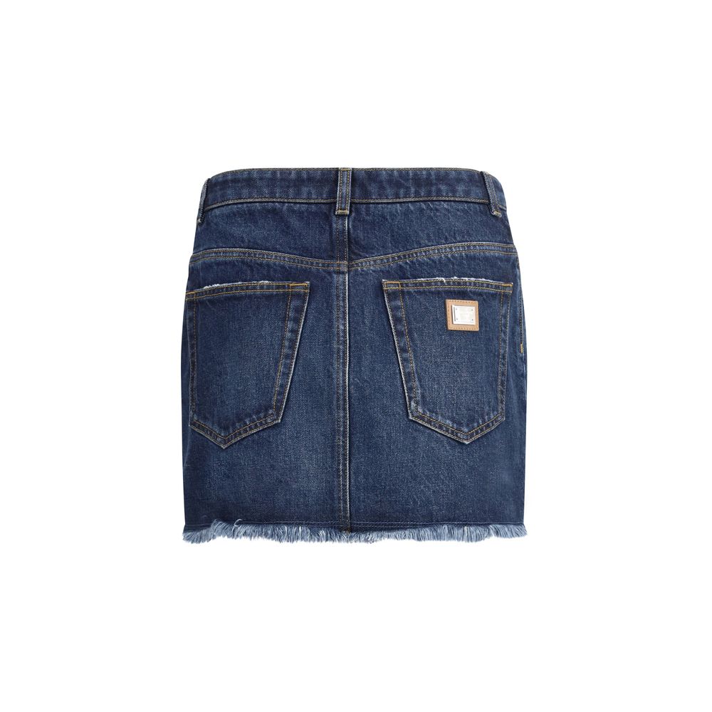 Dolce & Gabbana Blue Cotton Mini Skirt with frayed hem and logo plaque back view