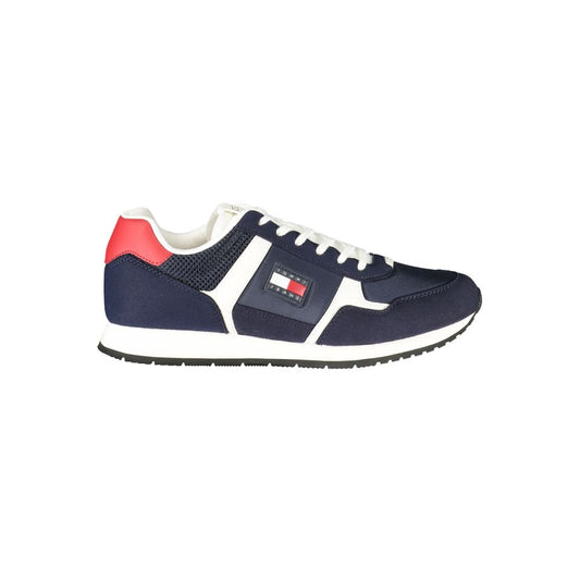 Tommy Hilfiger Blue Polyester Men Sneaker with logo, sporty design, and customizable footbed for trendsetters.