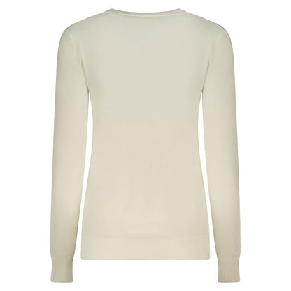 Back view of Guess Jeans White Viscose Women Sweater highlighting long sleeves and ribbed hem, showcasing elegant design.