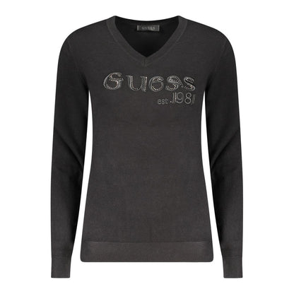 Guess Jeans Black Viscose Women Sweater with V-neck, embroidery, and rhinestones.