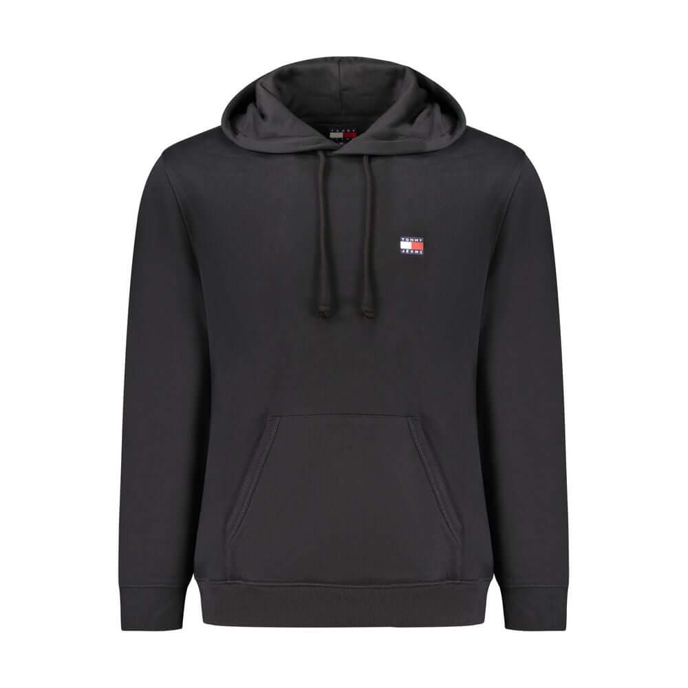 Tommy Hilfiger Black Cotton Men Sweater with hood and logo embroidery, crafted from regenerative cotton, showcasing casual elegance.